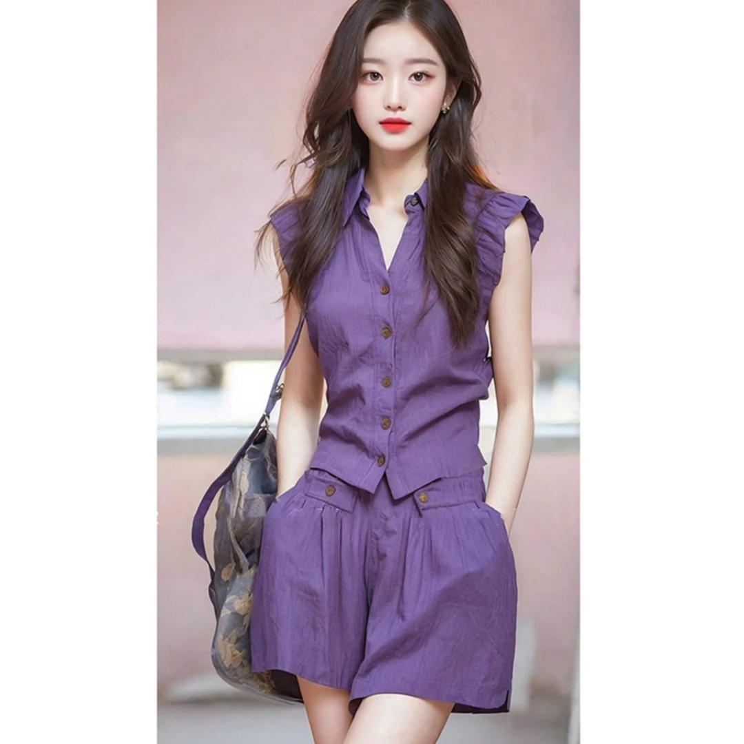 夏装搭配一整套时尚韩系紫色亚麻上衣短裤又a又飒氛围感两件套装