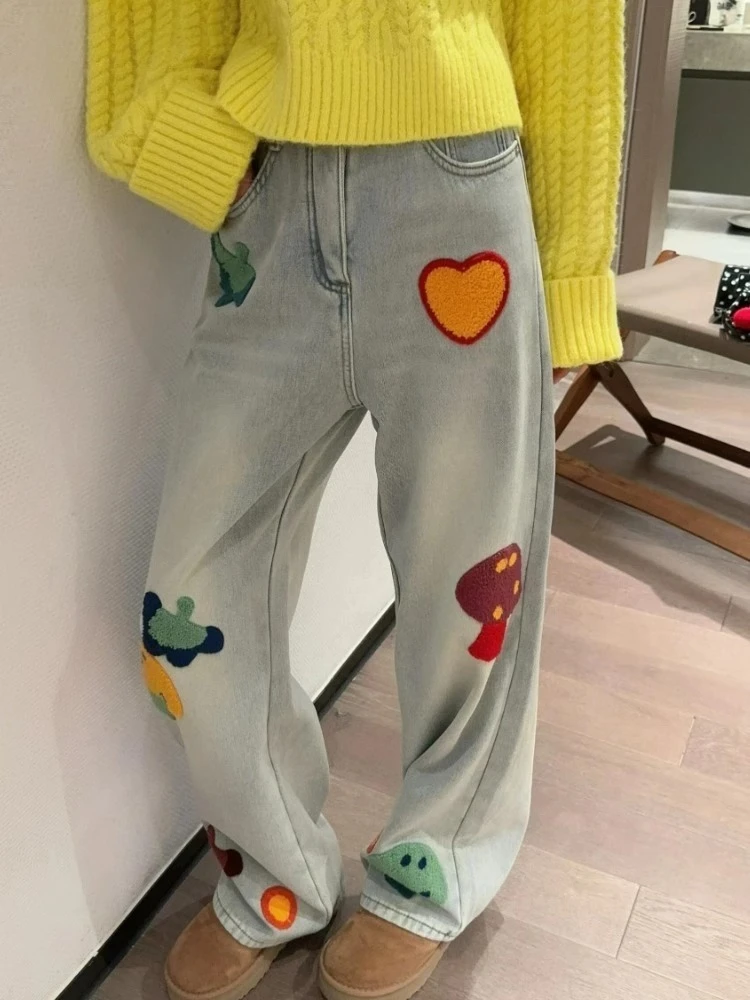 高腰显瘦直筒裤女2024新款冬季设计感小众减龄超好看印花牛仔长裤