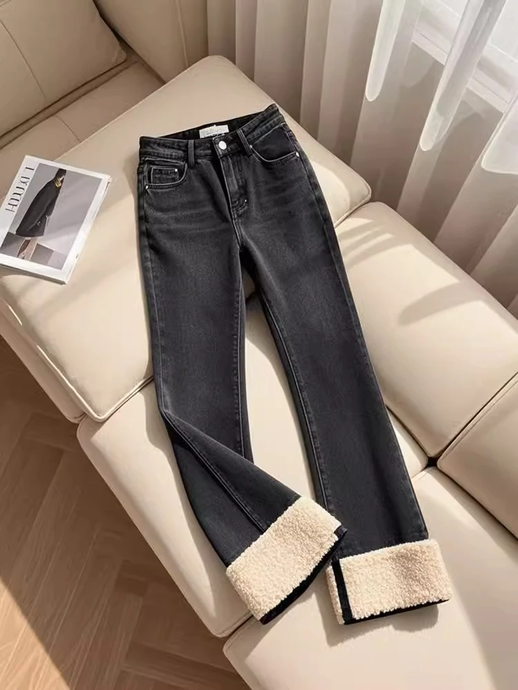 小个子高腰巨显瘦休闲裤宽松慵懒风又a又飒黑色加绒牛仔裤女冬季