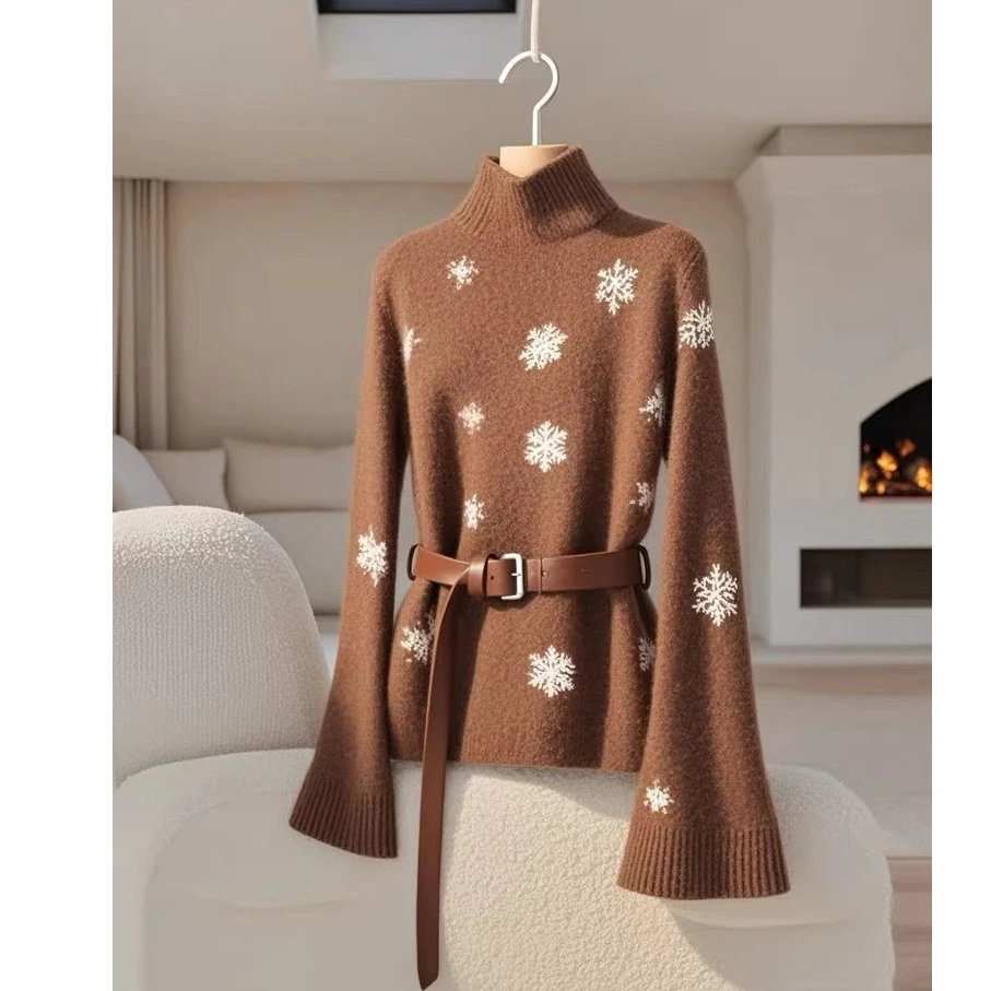 新中式女装国风咖色高领毛衣2024冬季加厚独特别致喇叭袖针织上衣