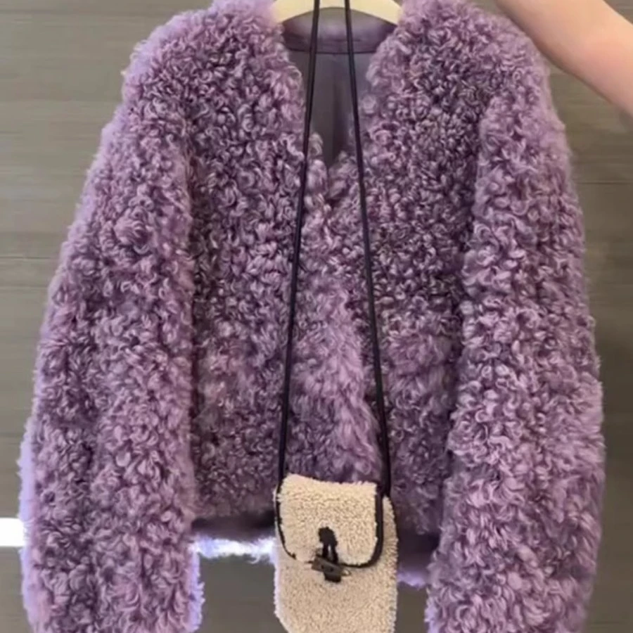 2024秋冬新款毛毛外套女今年流行漂亮高级感短款紫色羊羔绒外套潮