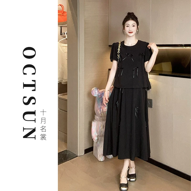 【十月名裳】2024夏孕期宽松显瘦时尚简约圆领立体蝴蝶结半裙套装