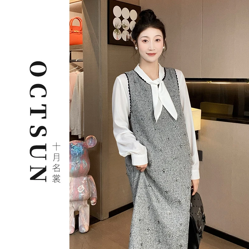 【十月名裳】秋装孕妇套装宽松长袖衬衫+拼接银丝无袖连衣裙57649