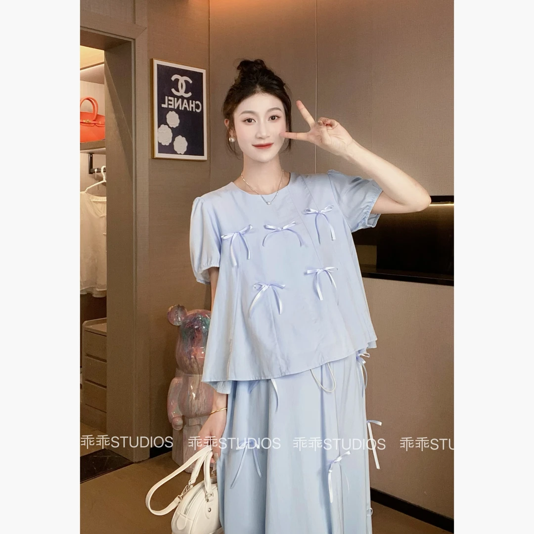 【十月名裳】夏孕期宽松显瘦时尚简约圆领立体蝴蝶结半裙套装57394