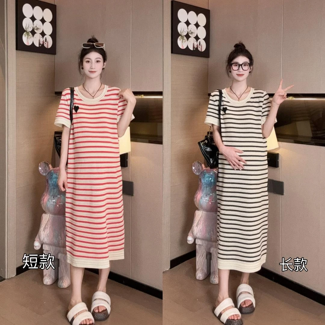 【十月名裳】夏季孕期显瘦时尚休闲条纹车标爱心长款连衣裙57433