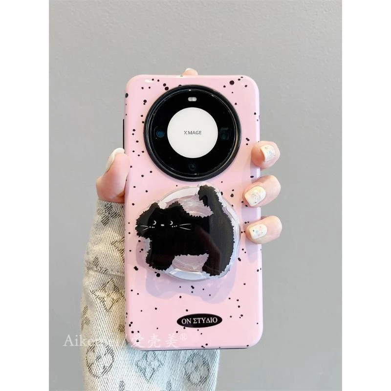 适用华为mate60pro+手机壳新款卡通泼墨狗狗猫咪mate60磁吸支架二