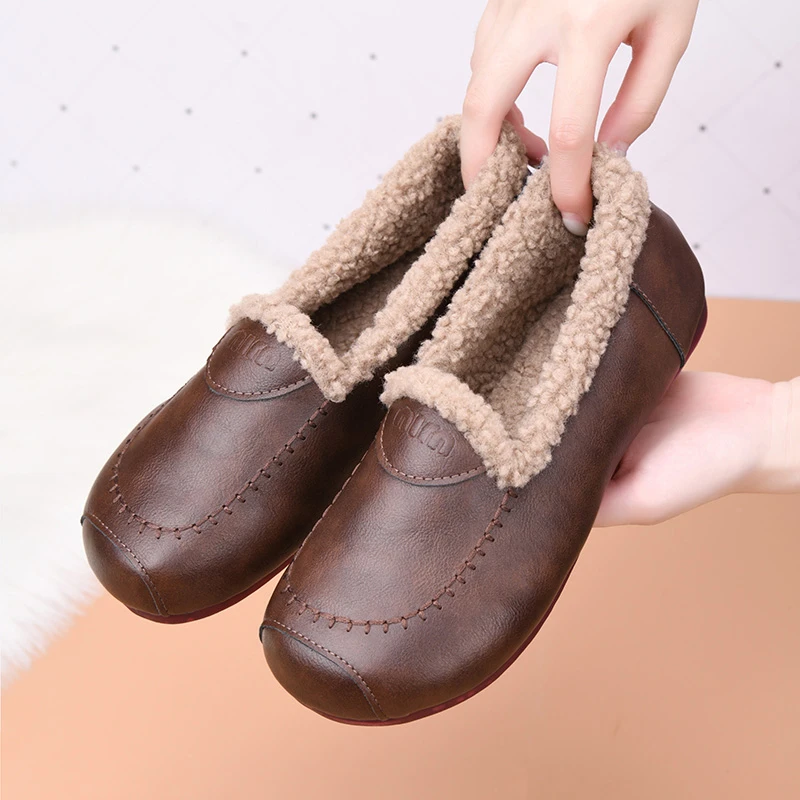 冬季老北京棉鞋女加绒保暖皮面妈妈鞋休闲棉靴平底豆豆鞋加厚防滑