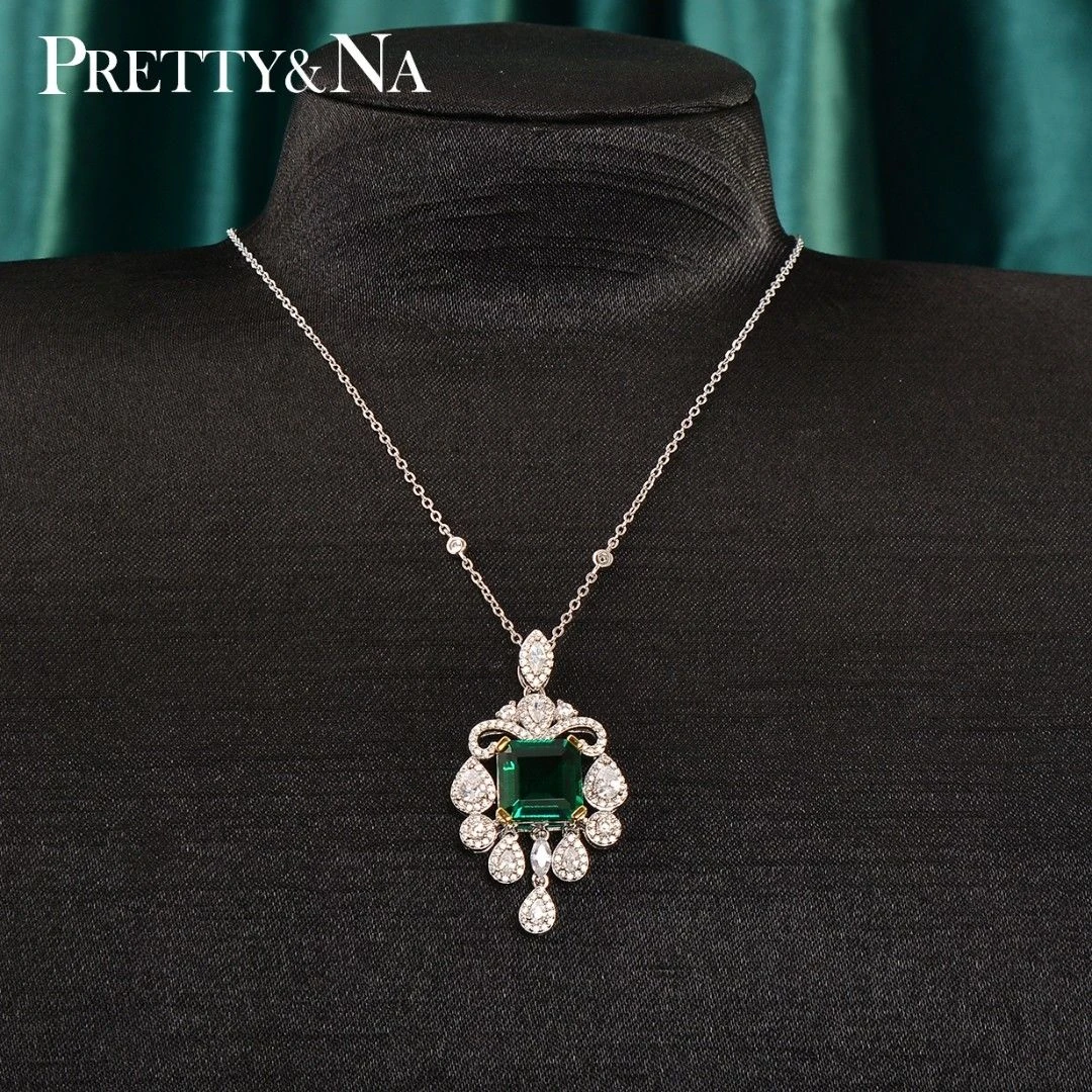 链子925银 银项链气质轻奢时尚绿色复古经典精致镶嵌气质轻奢时尚