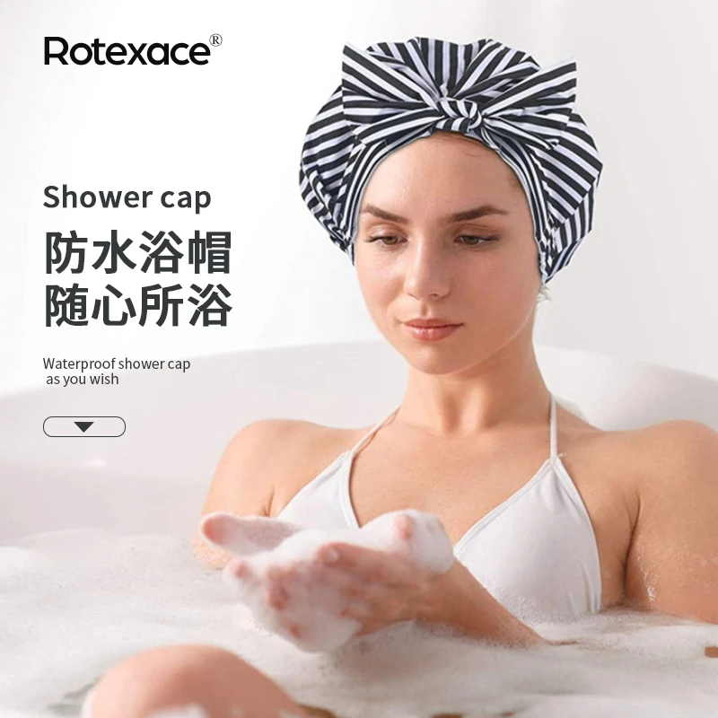防水防油可爱成人洗澡家用条纹印花女士护发包头浴帽套头帽焗油帽