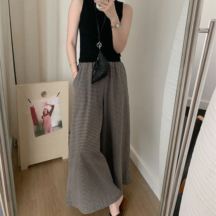 复古格子裙裤阔腿裤女夏季宽松bf慵懒风长裤子套装小个子2025新款