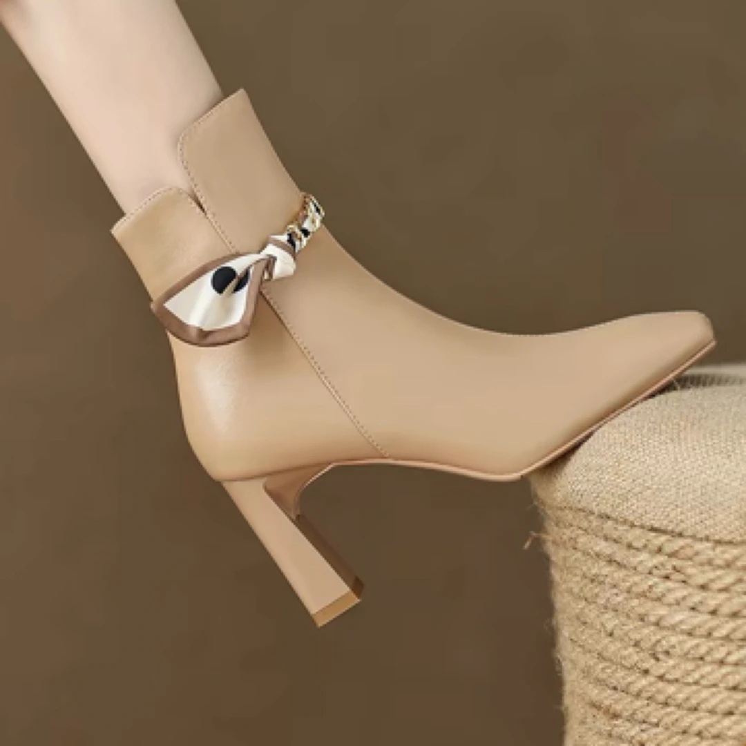 送运费险！羊皮短靴女秋冬季方头高跟女靴潮流百搭小短靴子