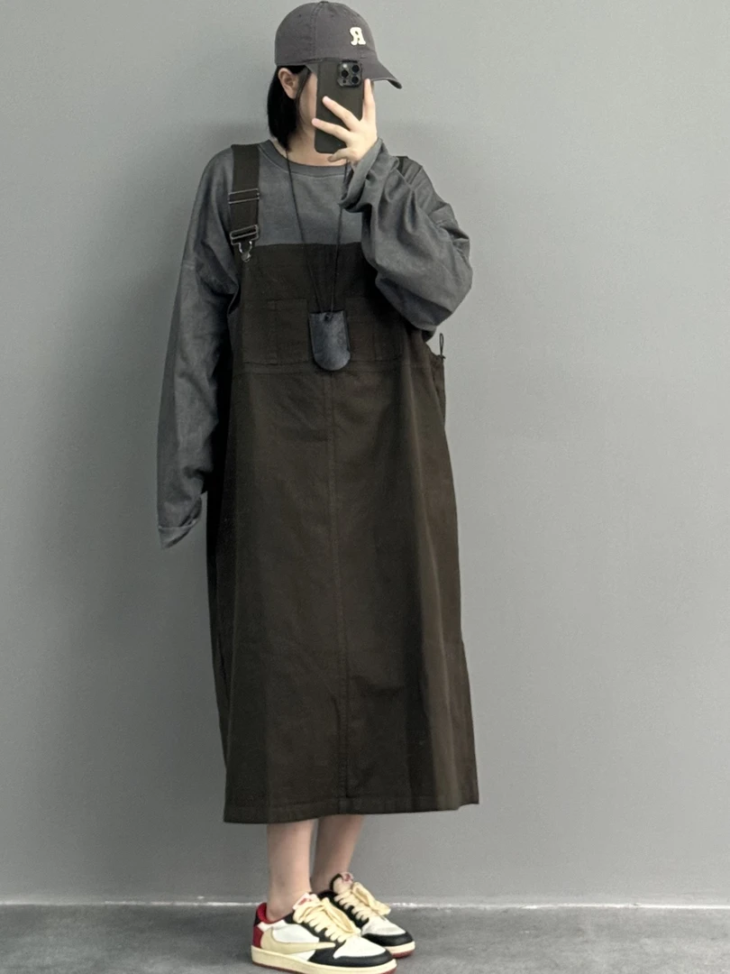 工装吊带裙百搭中长款宽松复古日系休闲时尚