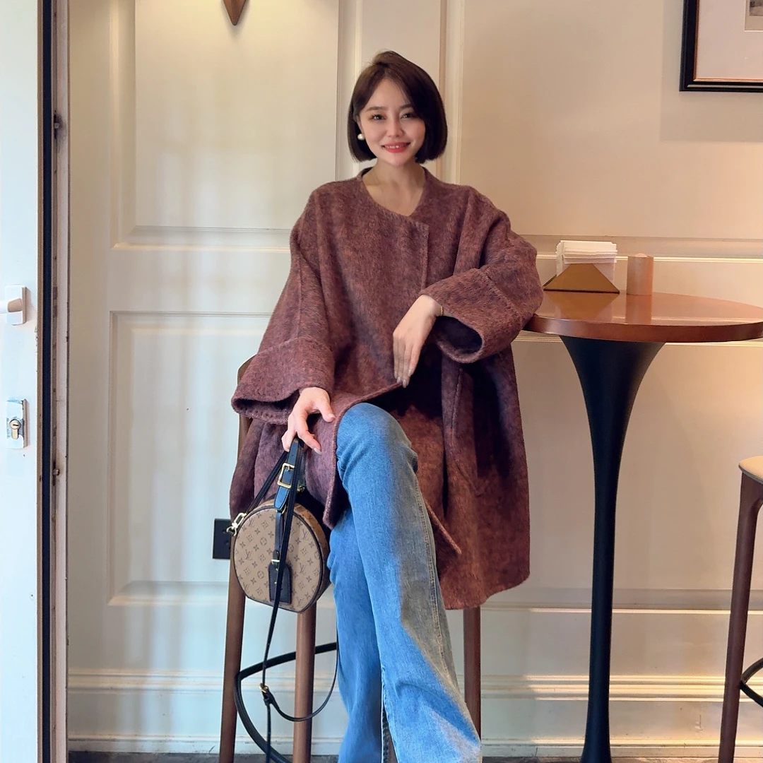 【恶魔的眼泪】神装2025新款 宽松斗篷手工双面羊毛兔毛桑蚕丝大衣