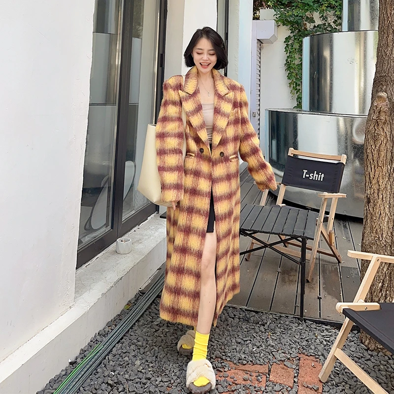 【摩登雅致】羊毛大衣中长款格子双面手缝韩版秋冬显瘦时尚百搭毛呢