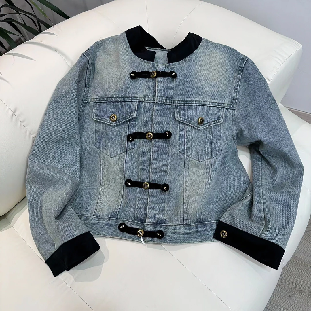 【火蓝家】新中式国风盘扣设计感软牛仔外套女春季2025新小个子上衣