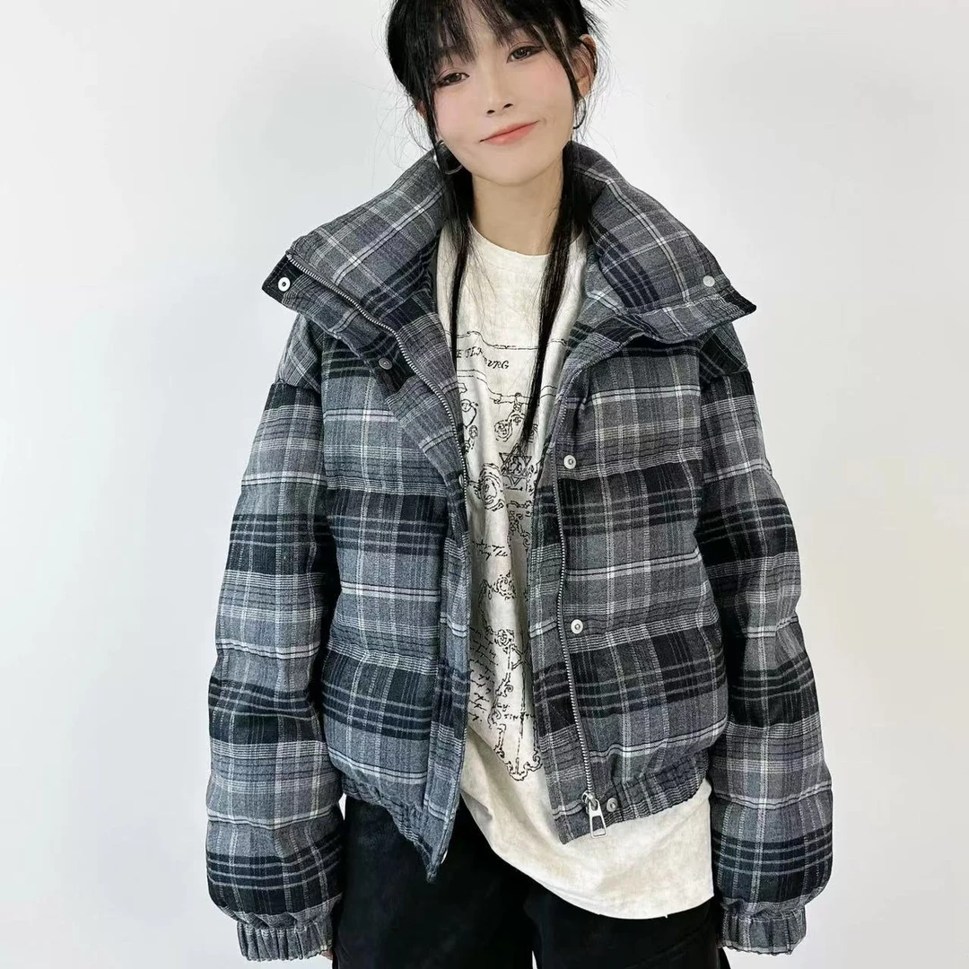 呢料短款格子立领白鸭绒面包服女2024冬季设计感小个子加厚羽绒服