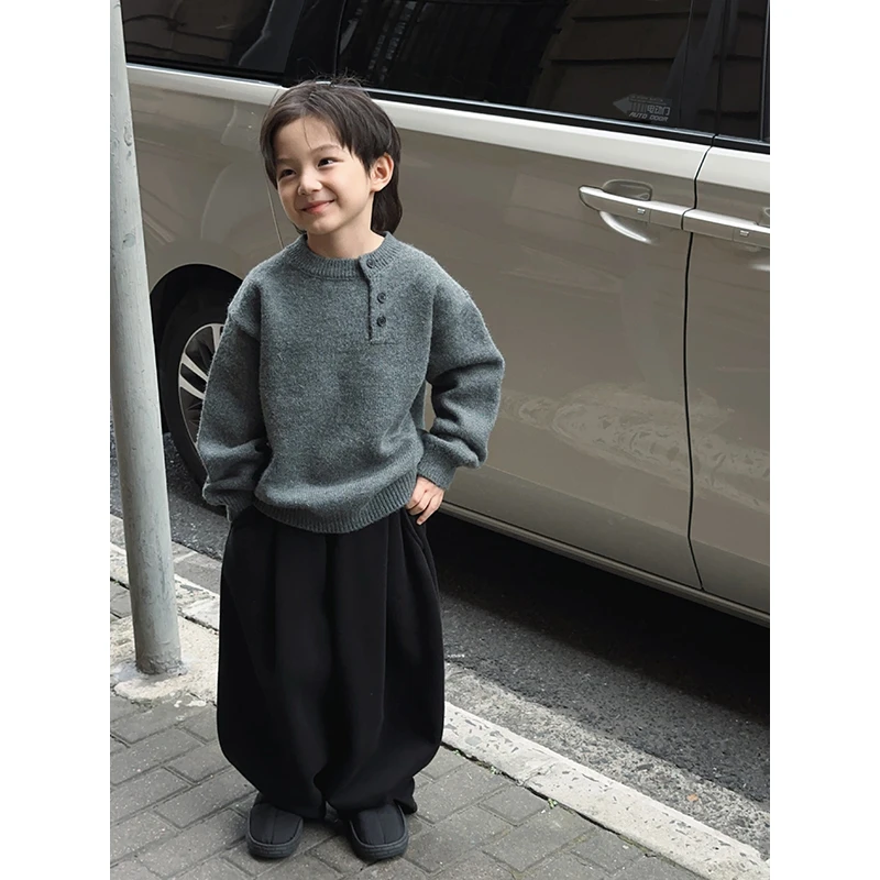 【现货】略略童装毛线衣秋冬款男童长袖套头扣子毛衣234MY309