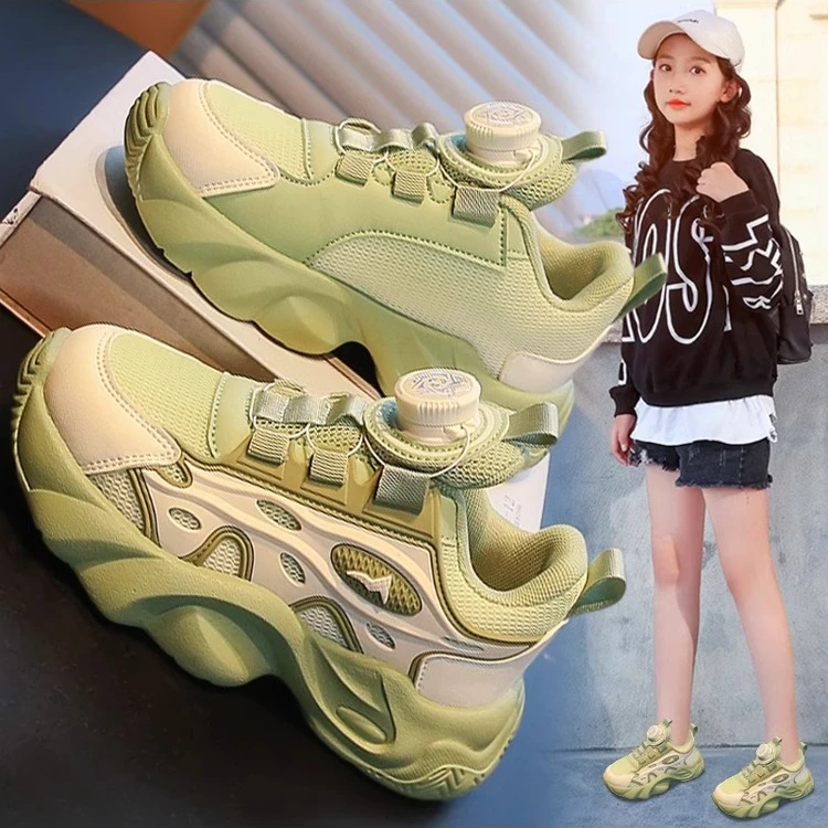 361品牌女童运动鞋2025新款春秋厚底纽扣透气女孩老爹鞋大童软底