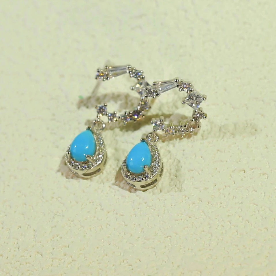 天然原矿绿松石云盖蓝耳坠时尚轻奢气质简约百搭耳饰s 925银镶嵌