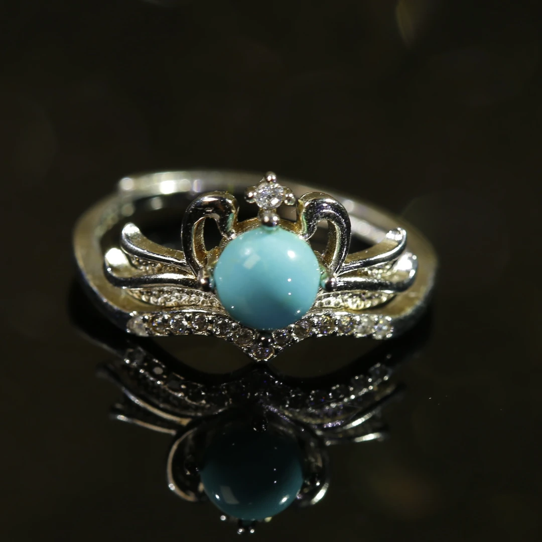 湖北天然原矿绿松石时尚气质设计款皇冠女戒s 925银镶嵌经典百搭