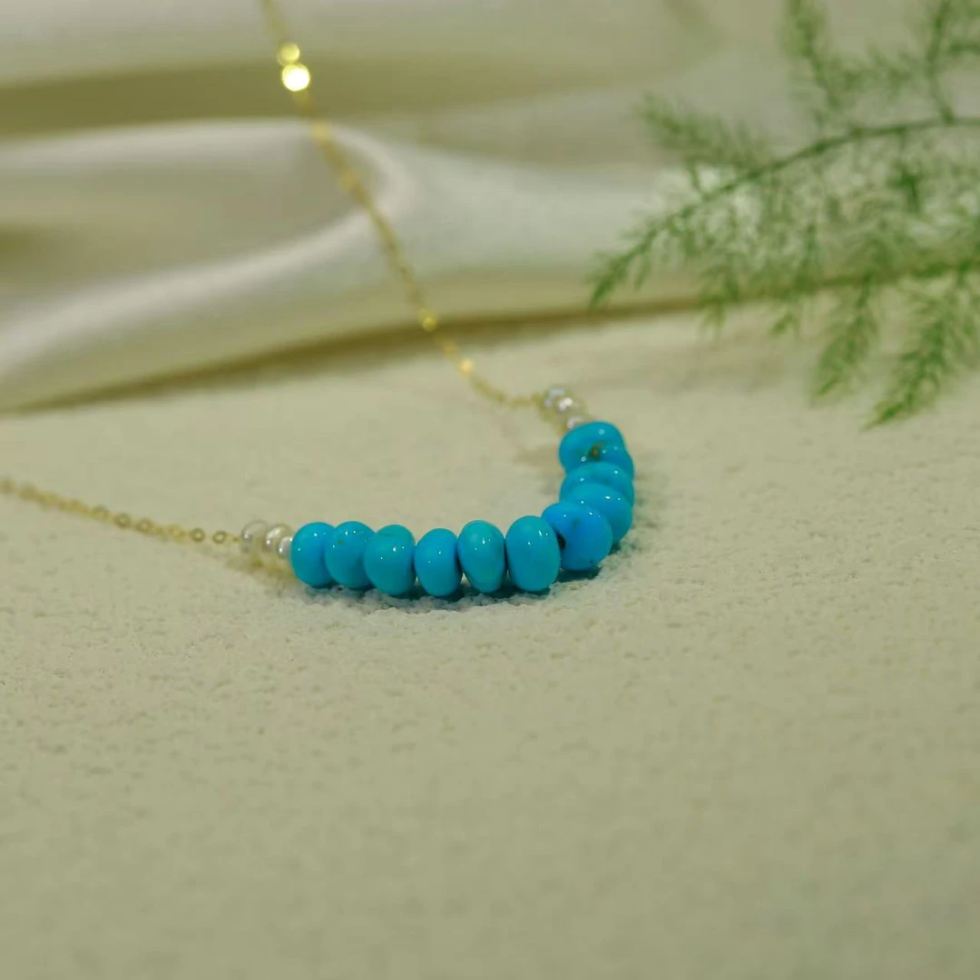 高瓷高蓝绿松石随形18k金项链蓝色轻奢时尚小众时尚珠珠素款