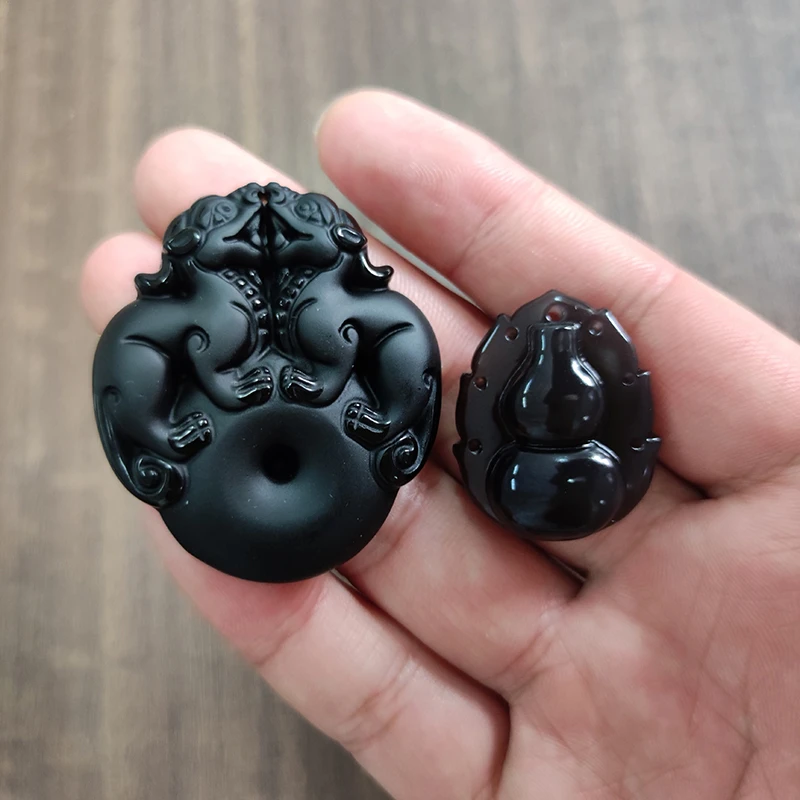 吴师傅水晶天然黑曜石双貔貅平安扣吊坠冰种彩虹眼黑曜石葫芦吊坠