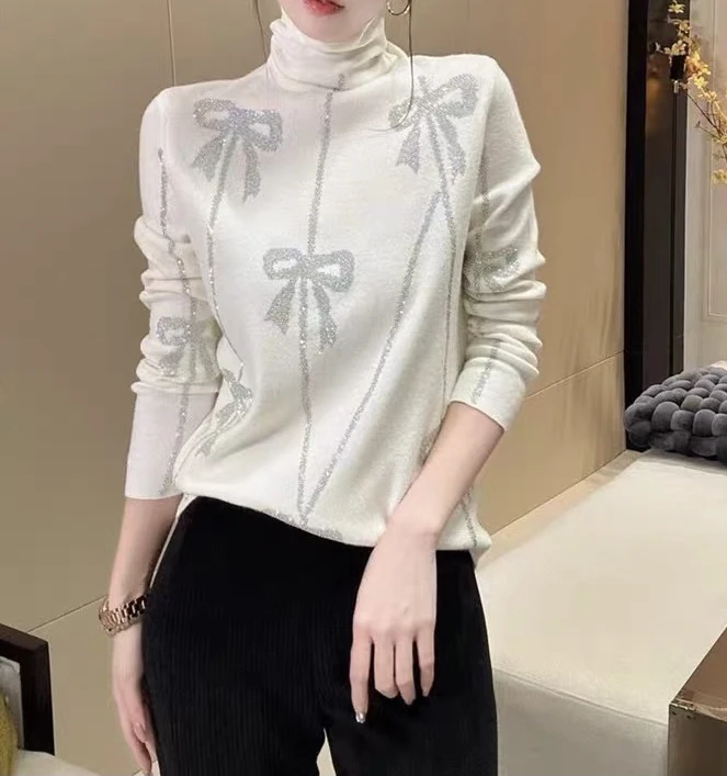 重工烫钻蝴蝶结长袖轻奢修身气质百搭上衣打底衫套头针织毛衣女士