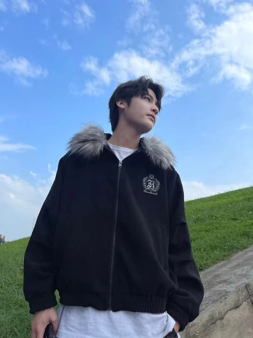 潮牌美式复古小众设计感刺绣毛领连帽夹克男女宽松百搭情侣外套