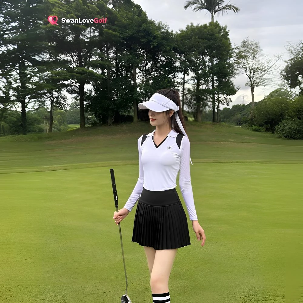 高尔夫女装长袖T恤夏季新款v领冰丝防晒衣速干透气运动上衣百褶裙
