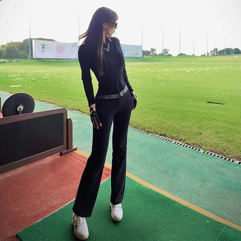高尔夫女装秋冬翻领长袖T恤加厚防风保暖修身高腰微喇 运动裤裤子