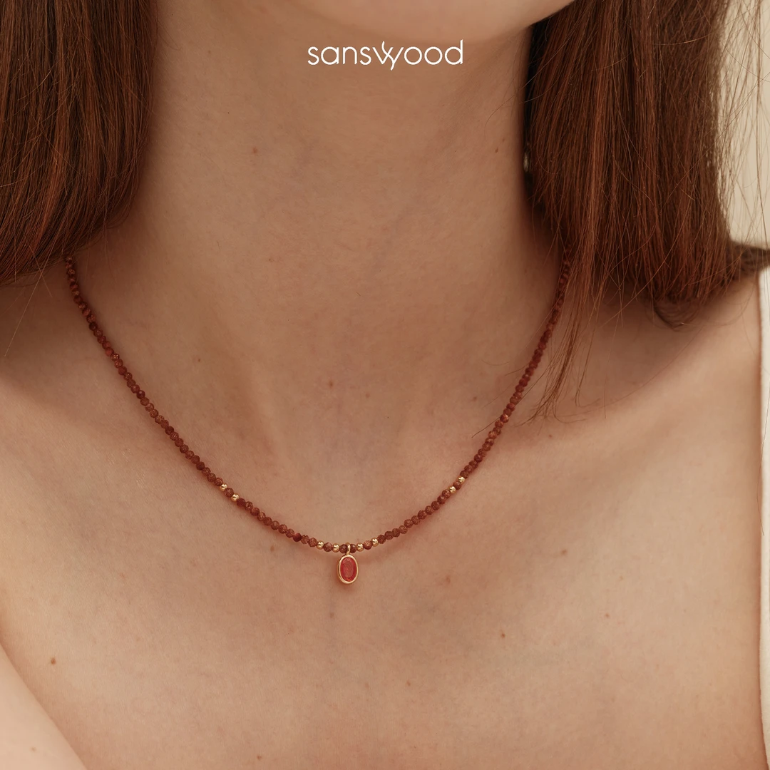 sanswood 坠链均925银 森吾《午夜巴黎》复古红锁骨链轻奢项链