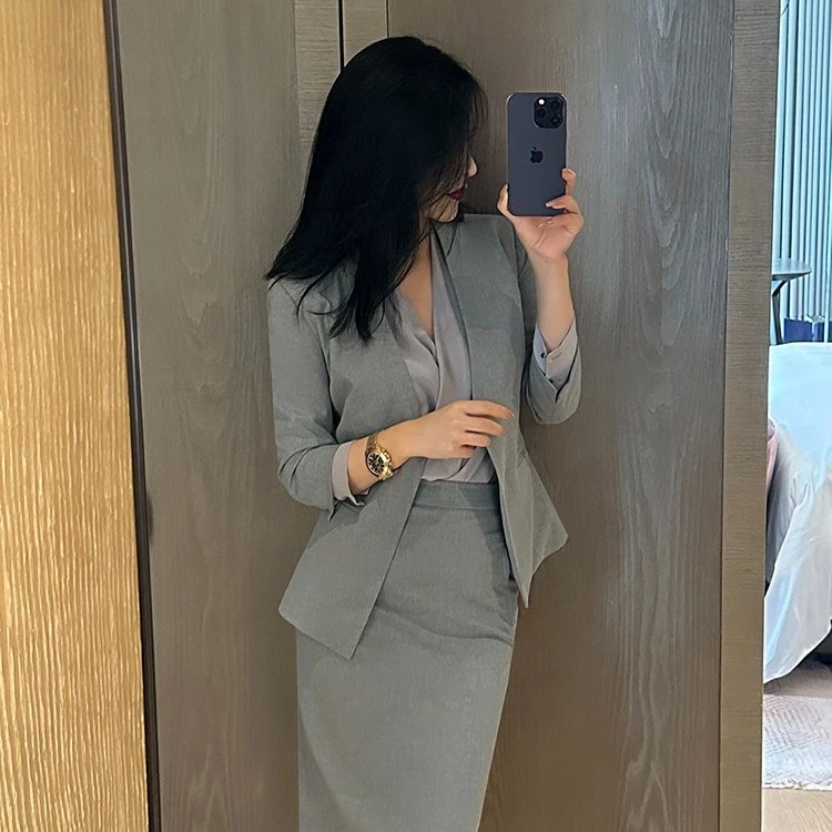 高级感修身西装套装女灰色夏季2023新款商务西服职业装-1790