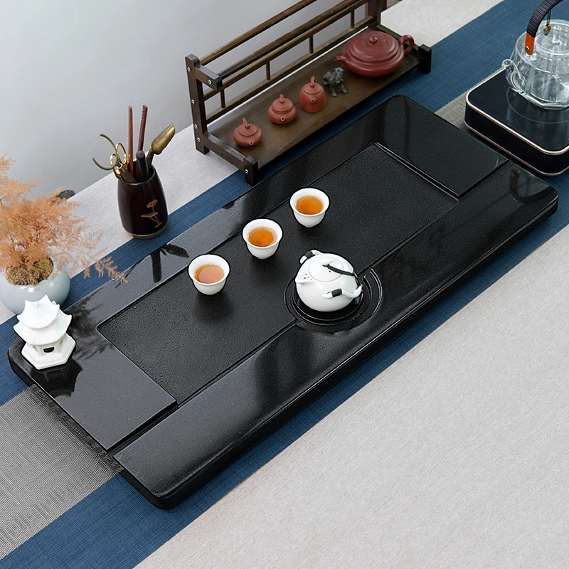 乌金石茶盘长方形石茶台手工黑色创意日式轻奢家用简约大号茶托盘