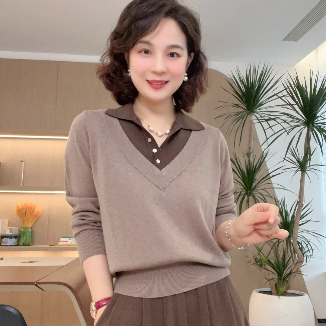长袖翻领套头针织羊毛假两件显瘦气质洋气时尚#DQ5866