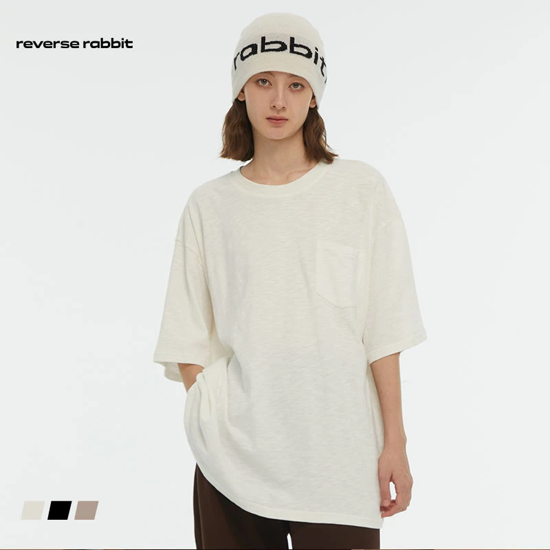 四季百搭竹节刺绣T恤 口袋字母绣花宽松休闲纯色口袋T恤男女同款