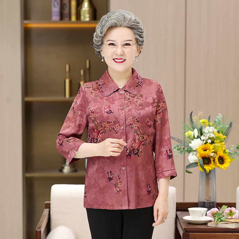 中老年妈妈装衬衫奶奶装夏季衬衣老太太衣服老年人上衣老人夏装