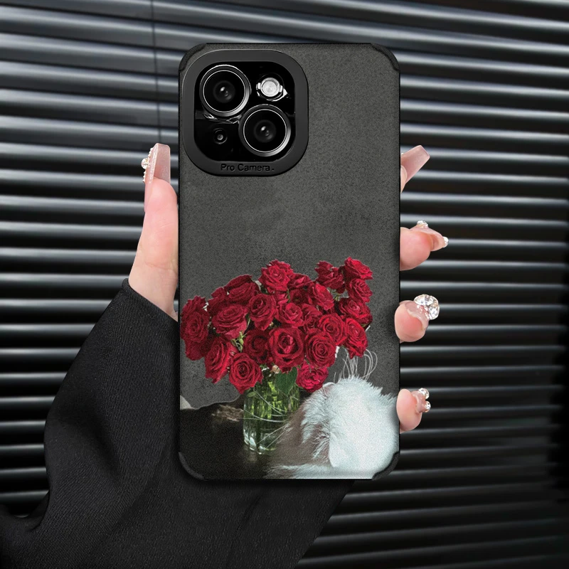 红玫瑰手机壳适用苹果16/oppo华为vivo小米高级皮质感防摔全包软