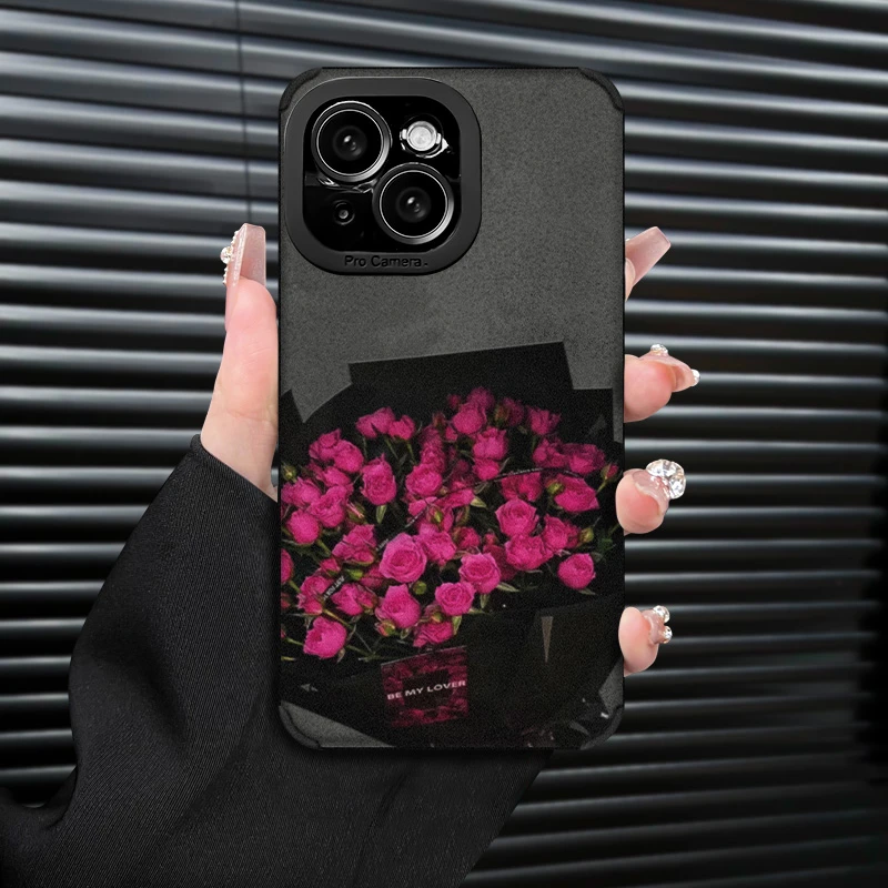 高级ins复古皮质满束玫瑰适用苹果15PLUS手机壳全包防摔女款