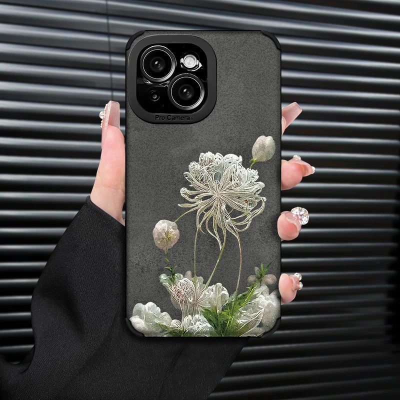 白色昙花高级感适用苹果16手机壳华为P70防摔小米14女款复古皮质