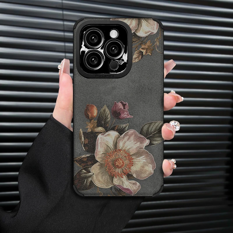 复古花朵复古皮质适用苹果16/15/14PROMAX手机壳翻毛皮软13/12PRO