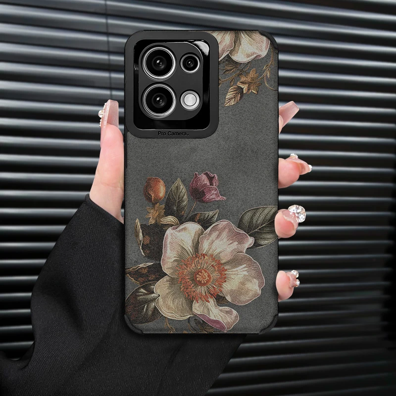 复古花朵复古皮质适用OPPORENO8手机壳翻毛皮软套防摔创意全包镜