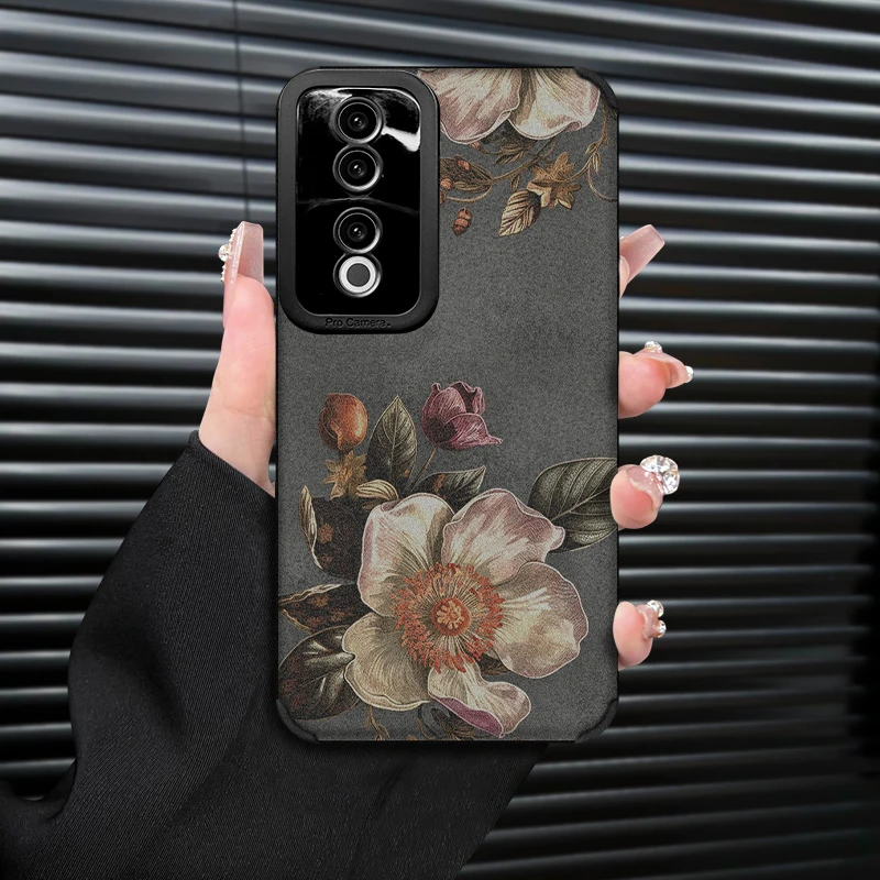 复古花朵复古皮质适用荣耀90手机壳翻毛皮软套防摔创意全包镜头