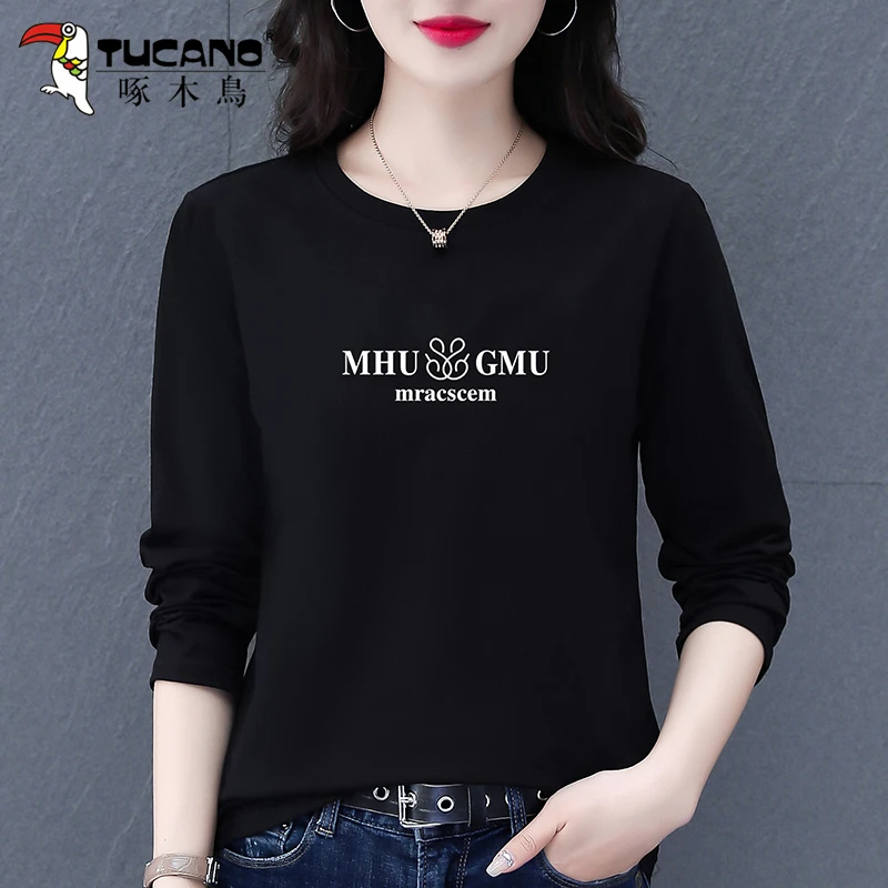 【官方】啄木鸟圆领长袖女装t恤女士春秋新款宽松百搭显瘦打底衫