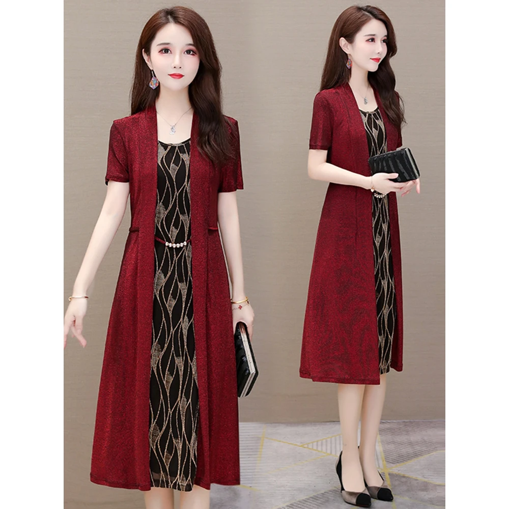 中长款收腰显瘦气质短袖连衣裙女春夏季高贵气质喜婆婆裙子遮肚子
