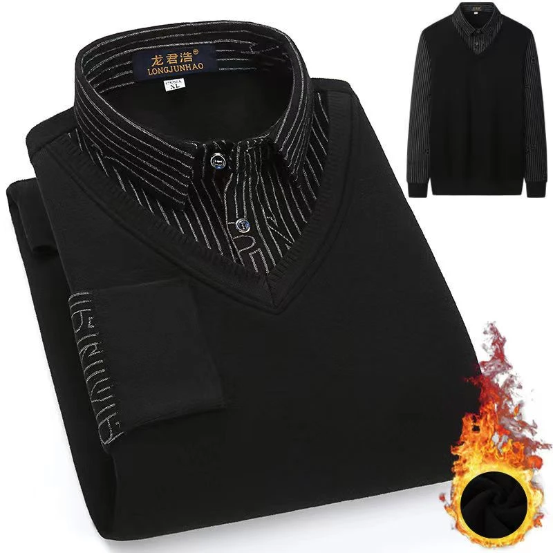 加绒加厚男士假两件衬衫领保暖毛衣中年爸爸装假两件衬衣衫长袖