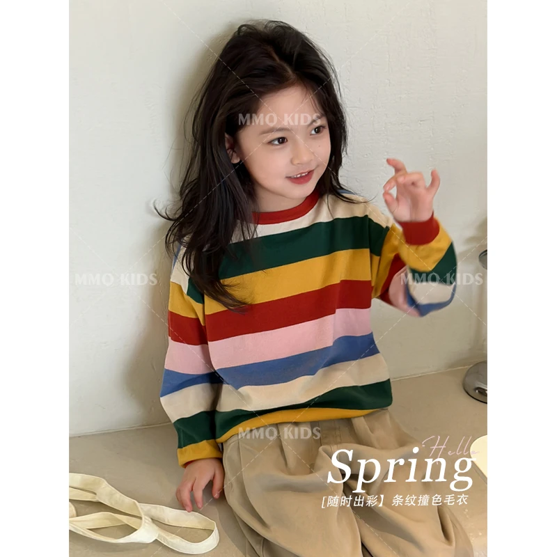 2024女童多巴胺彩虹条纹毛衣T恤春秋儿童慵懒风针织衫宝宝韩版
