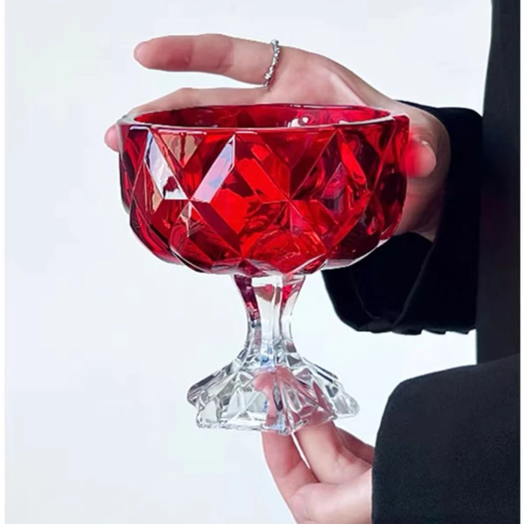 简约网红高级轻奢红色高脚杯桌面摆件水果坚果果斗轻奢水果盘