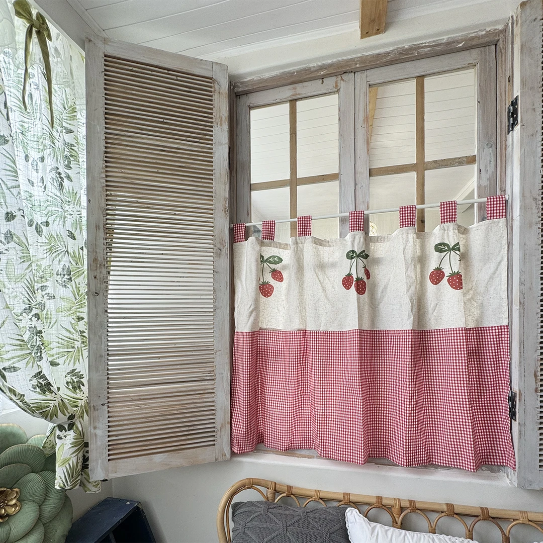 日式棉麻吊带短帘乡村风草莓半帘厨房窗帘窗帘免打孔穿杆定制门帘