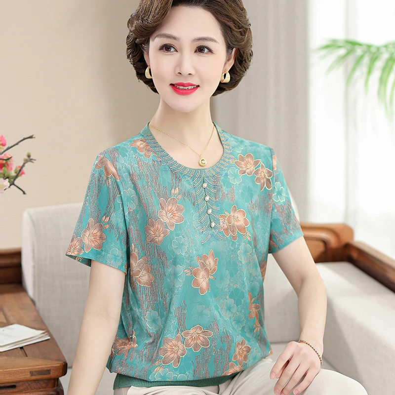 洋气妈妈装夏季冰丝短袖T恤中老年女装薄款清凉小衫宽松圆领上衣