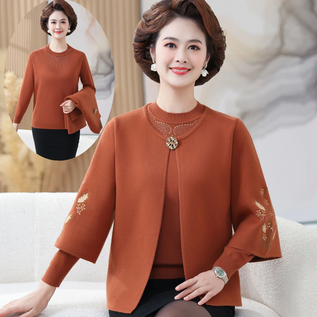 妈妈装2024秋冬新款针织开衫上衣洋气两件套中老年女装毛衣外套